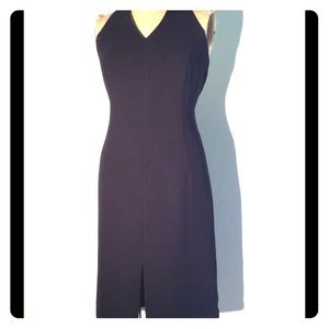 LBD-black halter knee length faille slit front-sz8