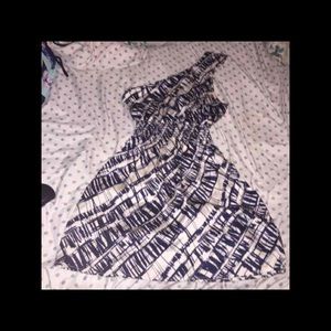 blue and white one shoulder dress