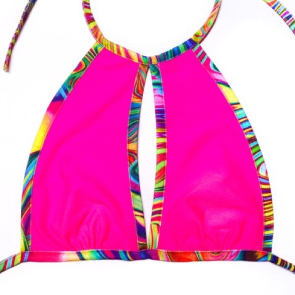 Hot pink halter top with acid trim