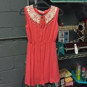 Coral Dress With White Lace Collar