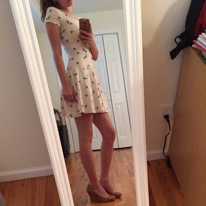 Nude colored swoop neck dress with birds!