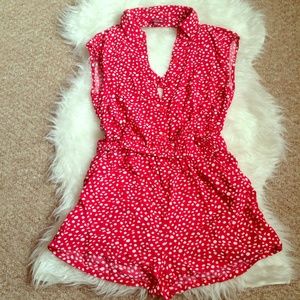 Red & White Polka Dot Open Back Romper Size Large