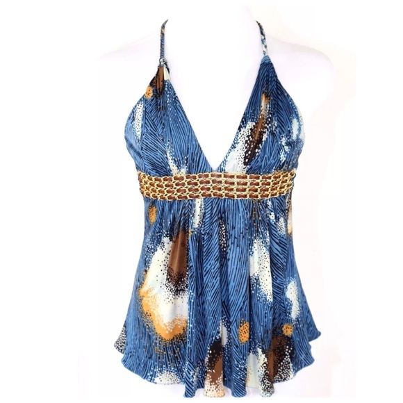 Sky Blue With Gold & Brown Leather Chain Top D10 - Picture 2 of 4