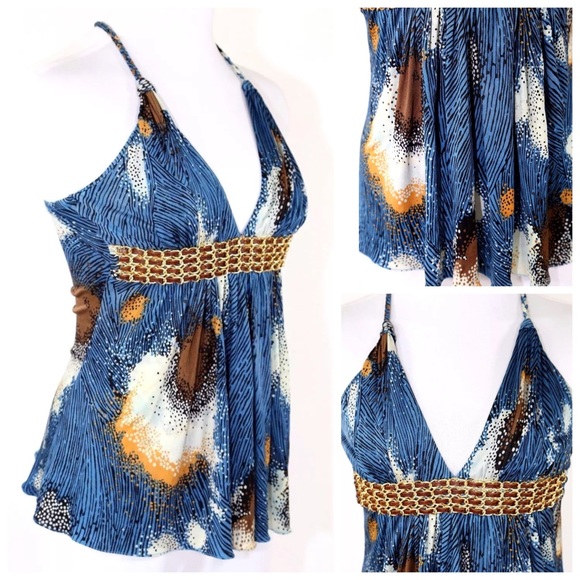 Sky Blue With Gold & Brown Leather Chain Top D10 - Picture 4 of 4