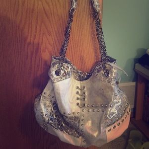 Buckle animal print and white handbag