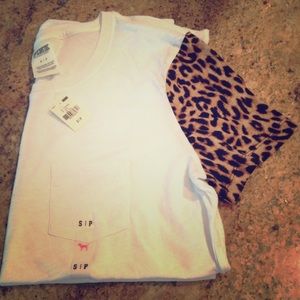 PINK white tee w/ leopard print sleeves