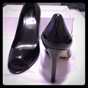 Enzo Angiolini Black patent peep toe pumps