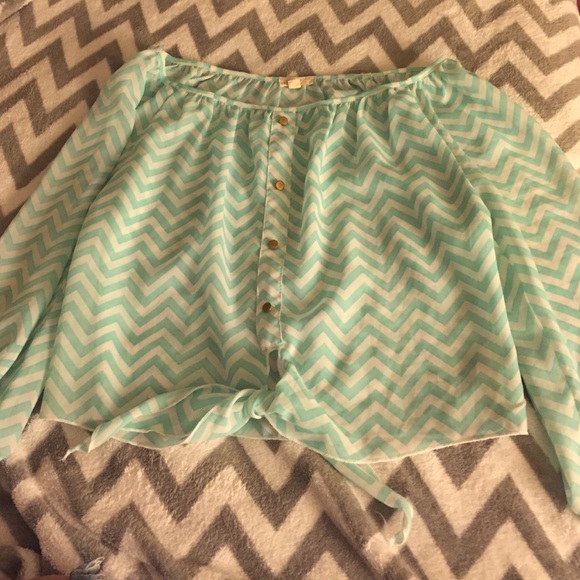 Teal and White chevron print crop top, size small