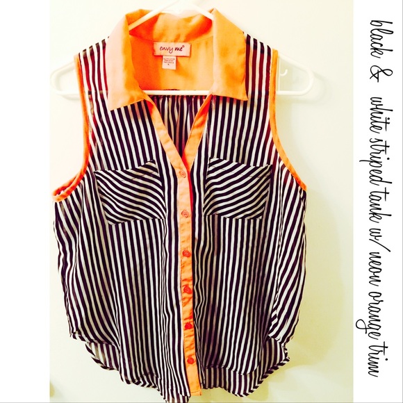 Black & white striped tank top with neon trim