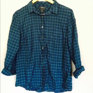 blue and green plaid collared shirt