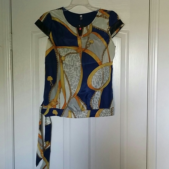 Tops - Navy Blue Multi-colored Silk like blouse