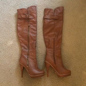 Chestnut faux leather knee high heel boots