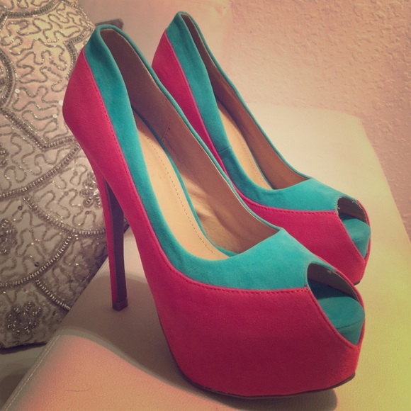 Suede Pink and turquoise peep toe heels - Picture 1 of 4