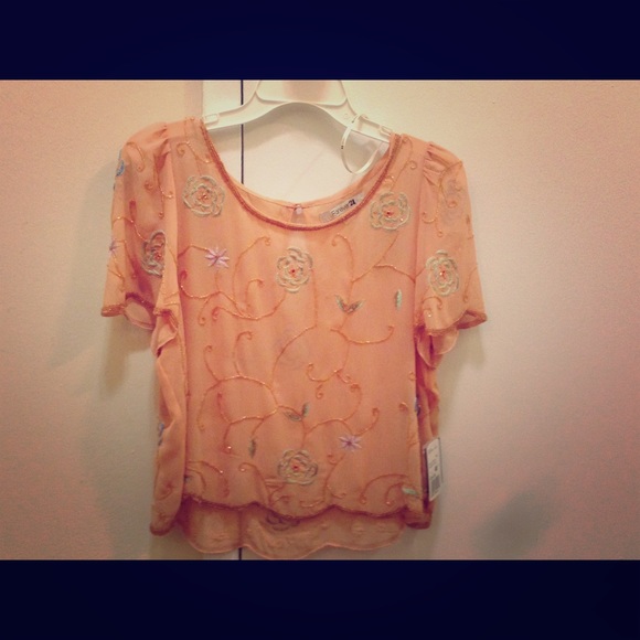 PRICE DROP! Peach sheer top with teal accents