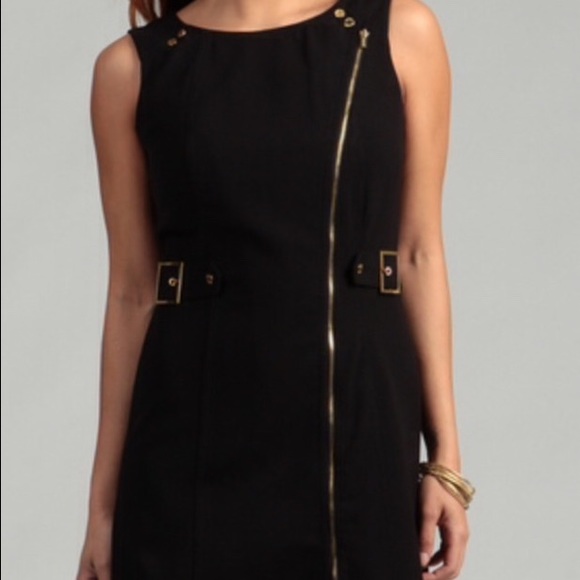 Calvin Klein Gold Detail Zipper Front Little Black Dress - Picture 1 of 3