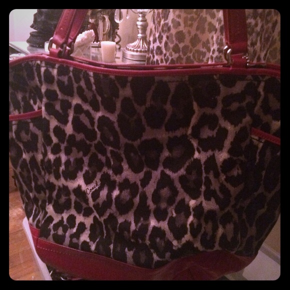 Gray leopard and red leather coach purse
