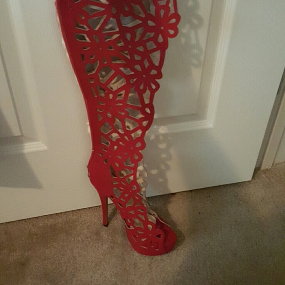 Diji Girls Shoes - Red Knee-high Lace-up Heels