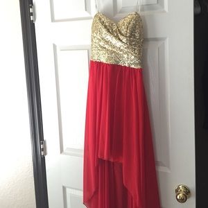 Red strapless high low dress