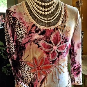 Printed knit top w/3/4 sleeves