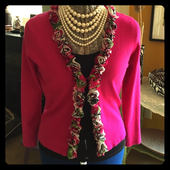 Hot pink cardigan with fabric trim - Picture 1 of 2