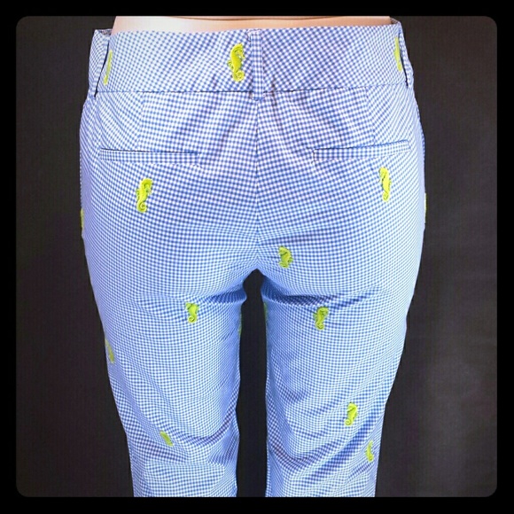 J. Crew Blue Cotton Pants Gingham Seahorse NWT