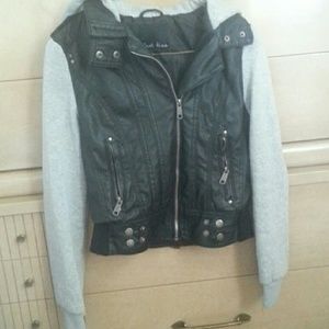 Leather & gray jacket w/ a hood
