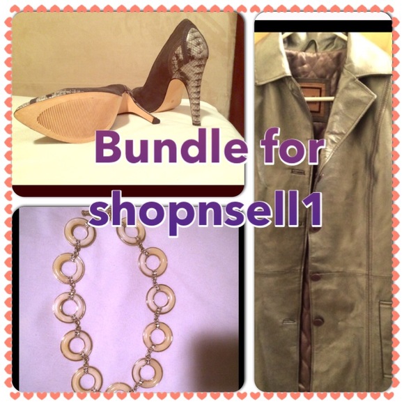 Leather coat, pumps, and banana republic necklace.