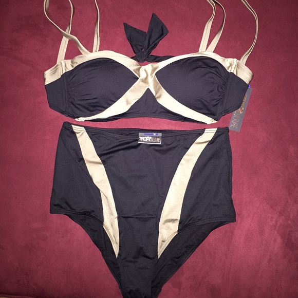 Black/Tan bikini swimsuit high waisted