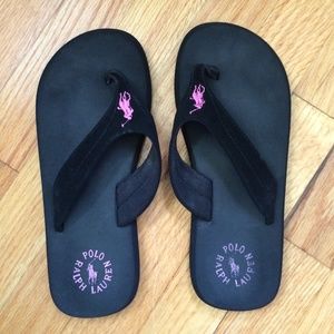 Black with pink emblem Ralph Lauren flip flops