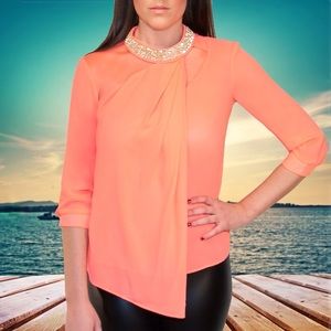 Coral Blouse with Gold Rhinestone Neckline