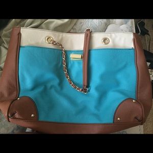 Large baby blue, brown and cream handbag