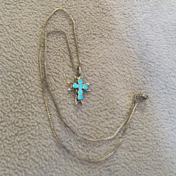 Cross opal necklace with dark silver chain