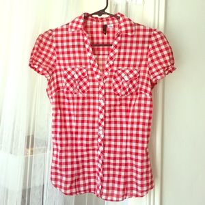 Red gingham button up blouse