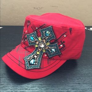 Red bling cross hat