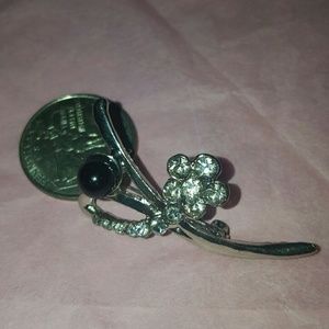 Black pearl and rhinestone brooch pin