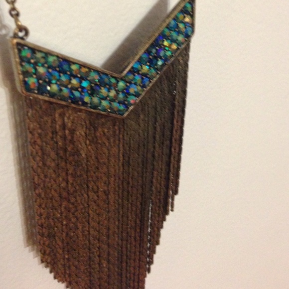 Green and Blue V Necklace with Fringe - Picture 2 of 4