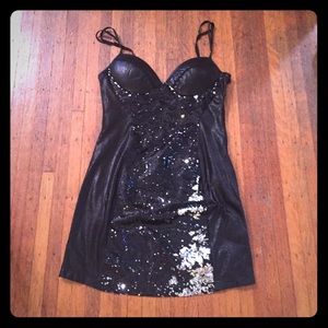 Black sequence and leather AKIRA dress
