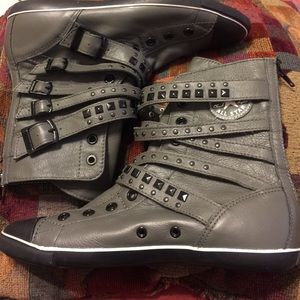 Grey studded strappy buckle high top converse
