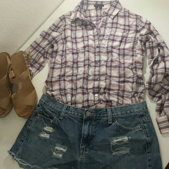 Theory Purple and Pink Plaid Cotton Shirt Sz P