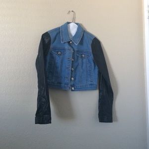 Cropped Denim Jacket with Faux Leather