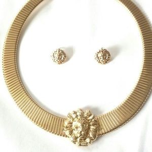 Gold Lion Necklace and Earring Set