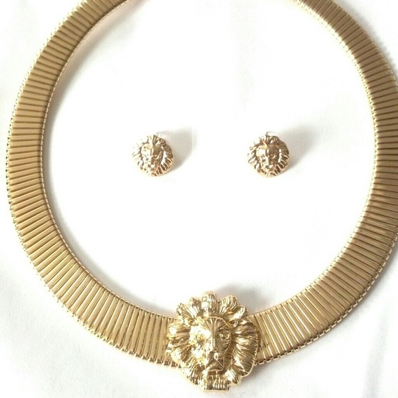 Gold Lion Necklace and Earring Set