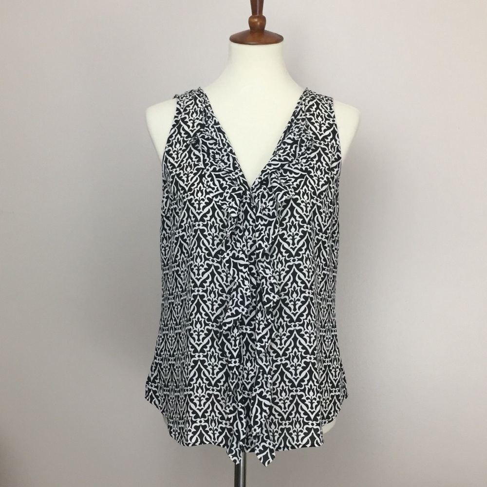 LOFT B&W Print Ruffle-Front Sleeveless Shell