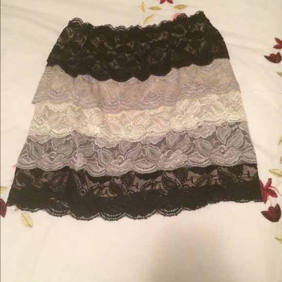 Black, grey, and white striped lace bodycon skirt