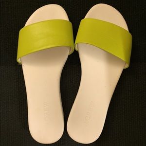 J Crew abbot leather slides in neon kiwi. Size 5.