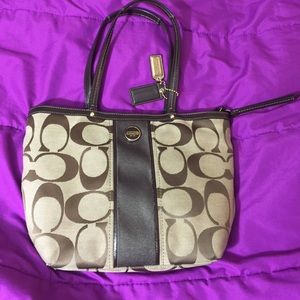 Signature Stripe Mahogany Khaki Brass Small Tote