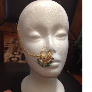Indian Nath Gold Plated Nose Ring blue beads