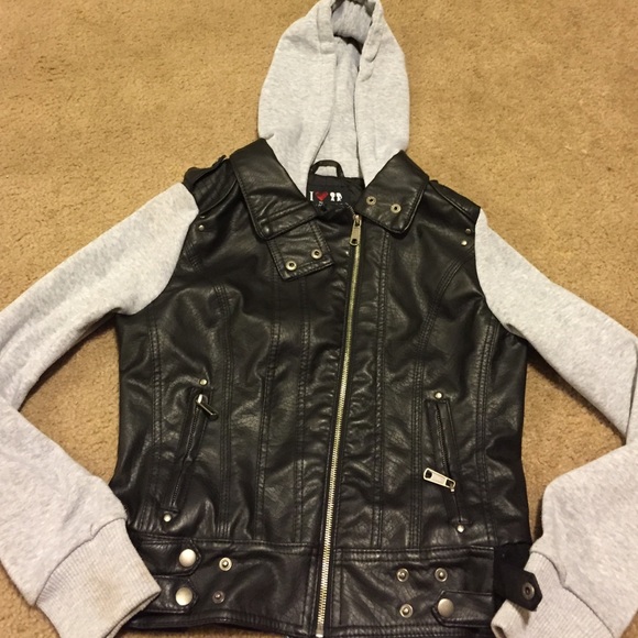 faux leather jacket w/ grey sleeves & hood