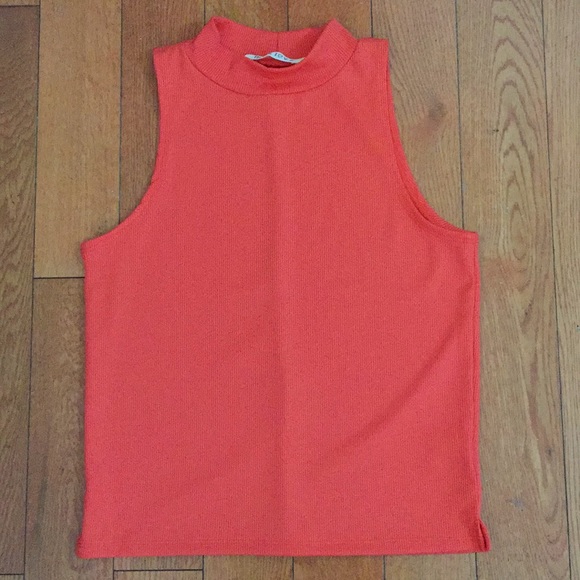 New Miss ❤️ Coral Ribbed Mock Neck Sleeveless Top