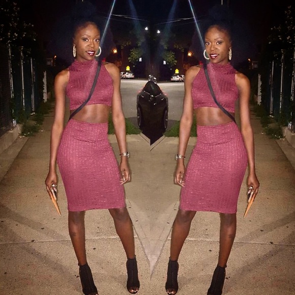 2 Piece Burgundy Ribbed Top and Skirt Set